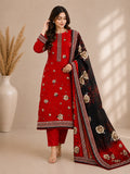 Red & Black Floral Banadora Linen 3PC Unstitched Suit
