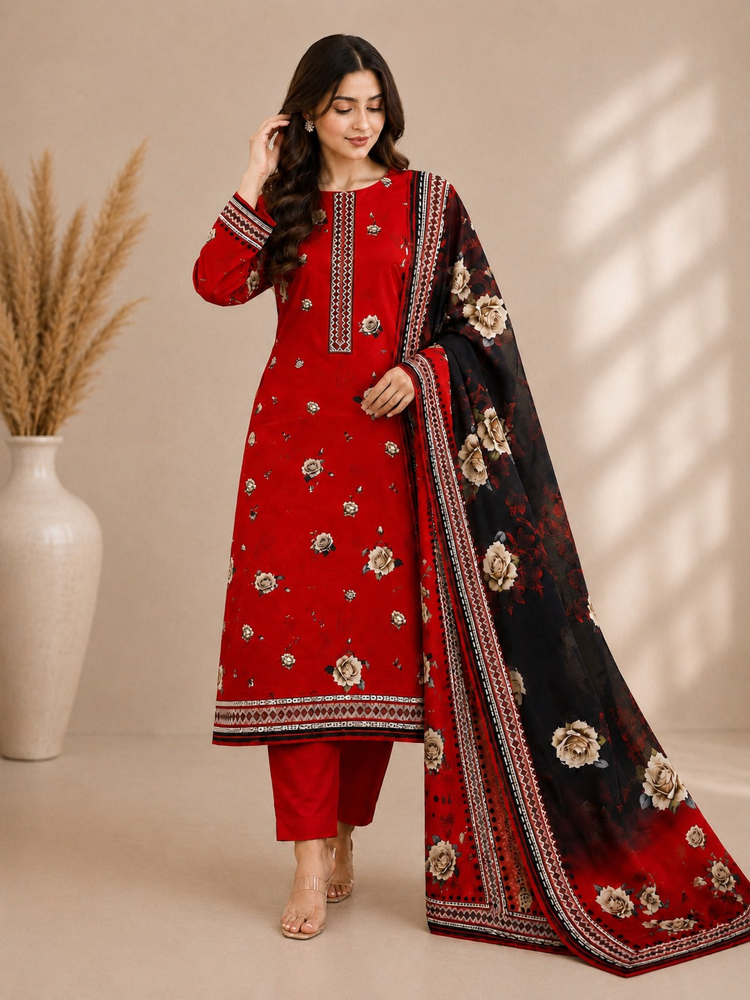 Red & Black Floral Banadora Linen 3PC Unstitched Suit