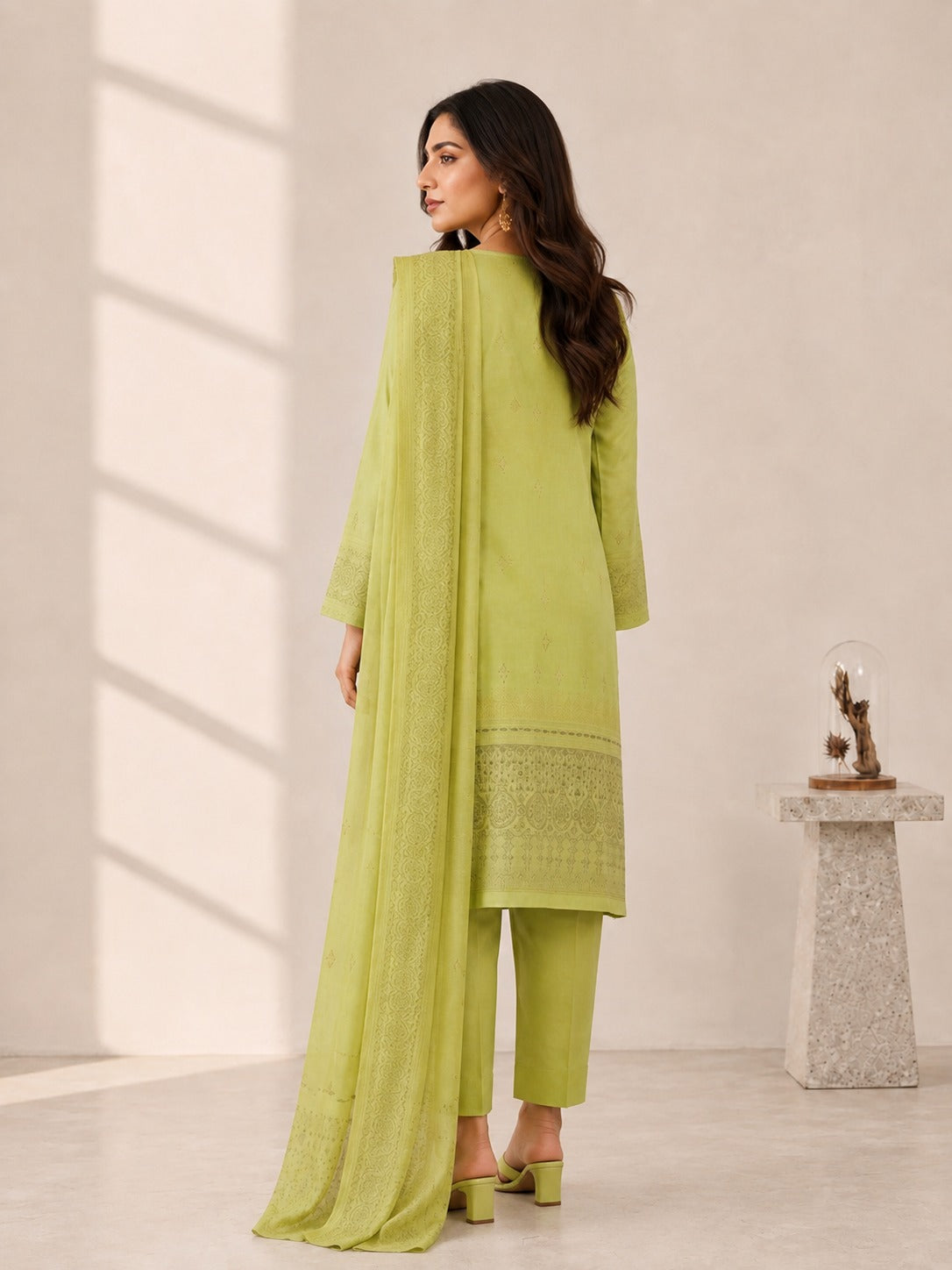 Lagaria Pistachio Green Jacquard Brochia 3-Piece Unstitched Suit