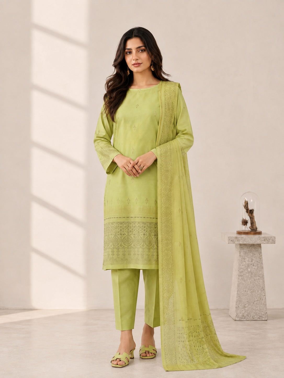 Lagaria Pistachio Green Jacquard Brochia 3-Piece Unstitched Suit