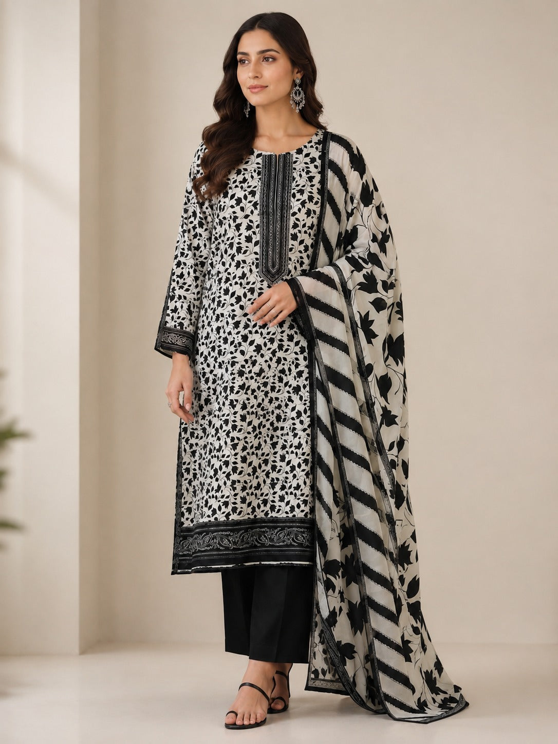Monochrome Bloom 3-Piece Unstitched Printed Lawn Suit