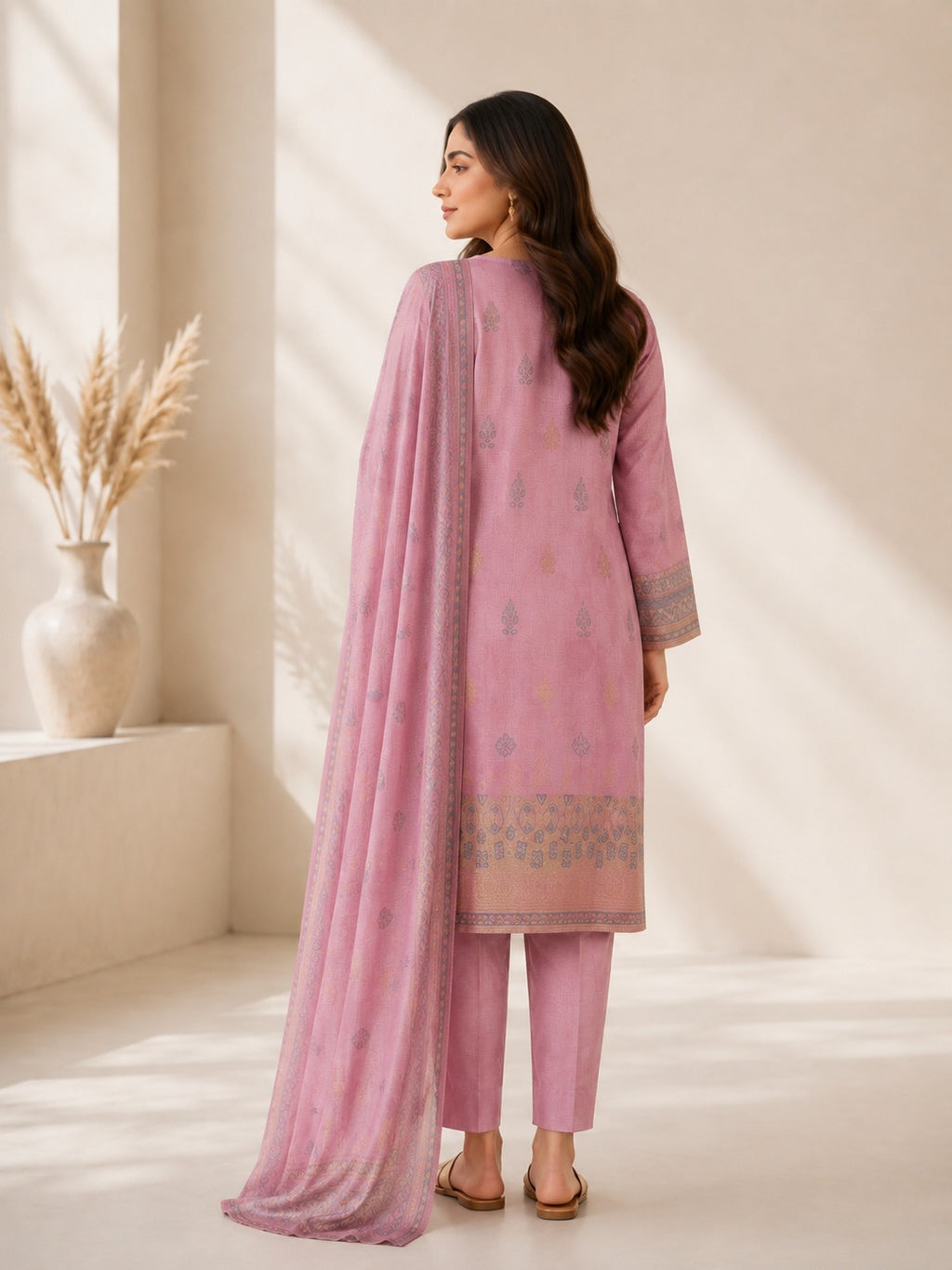Lagaria Pink Jacquard Brochia 3-Piece Unstitched Suit