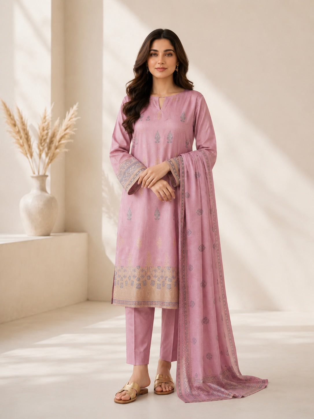 Lagaria Pink Jacquard Brochia 3-Piece Unstitched Suit