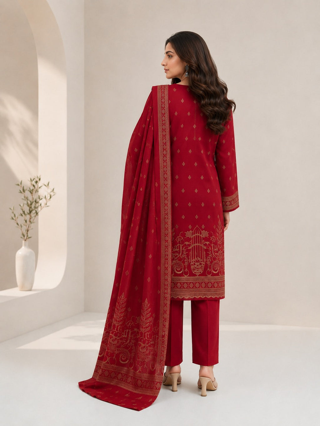 Lagaria Maroon Jacquard Brochia Printed 3-Piece Unstitched Suit