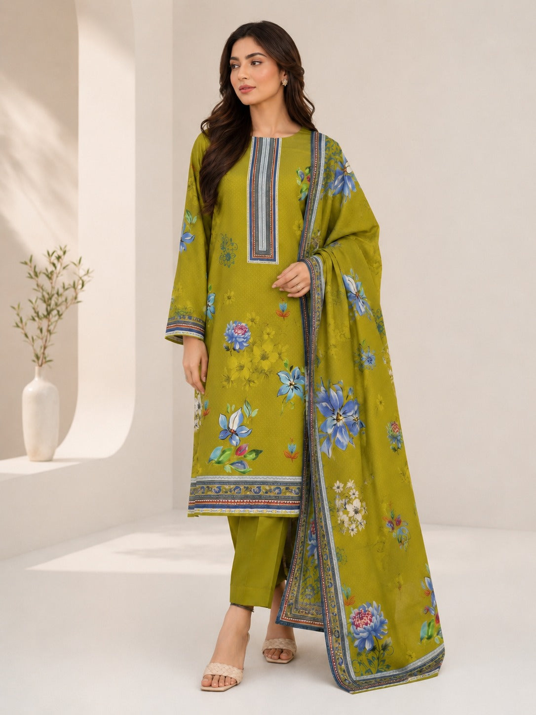 Olive Green Floral Printed 3PC Banadora Linen Suit