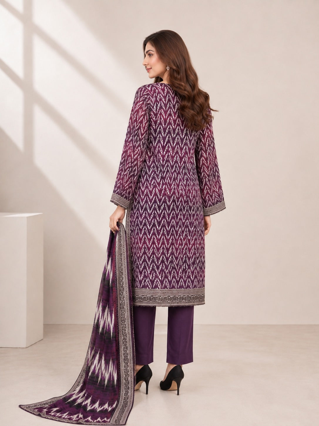 Plum Ikat 3PC Unstitched Banadora Linen