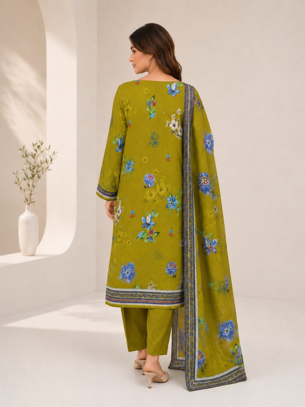 Olive Green Floral Printed 3PC Banadora Linen Suit
