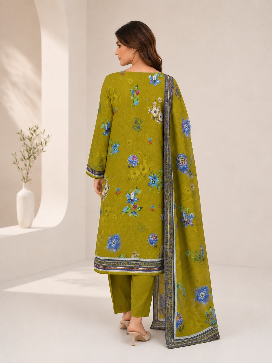 Olive Green Floral Printed 3PC Banadora Linen Suit