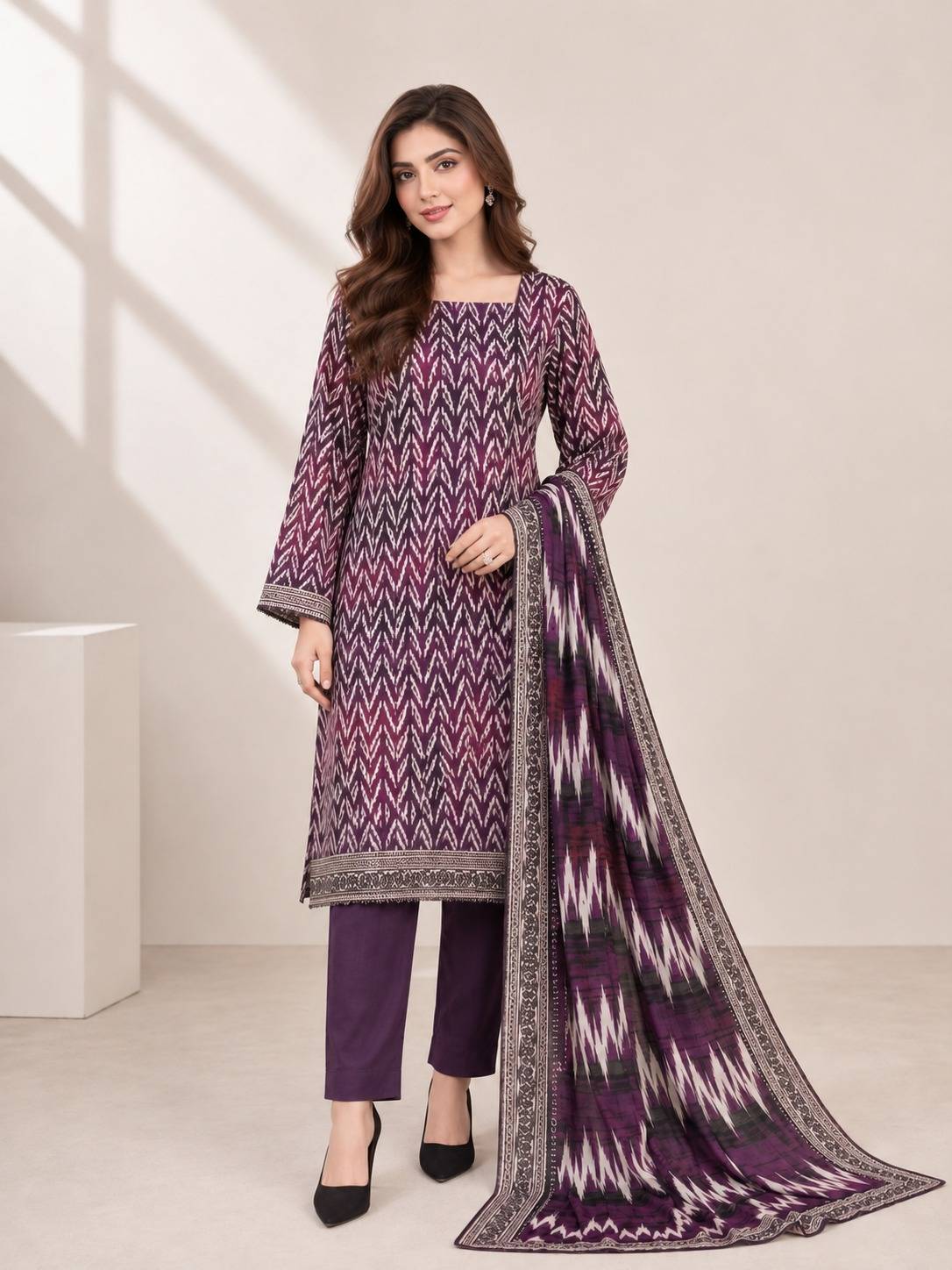 Plum Ikat 3PC Unstitched Banadora Linen