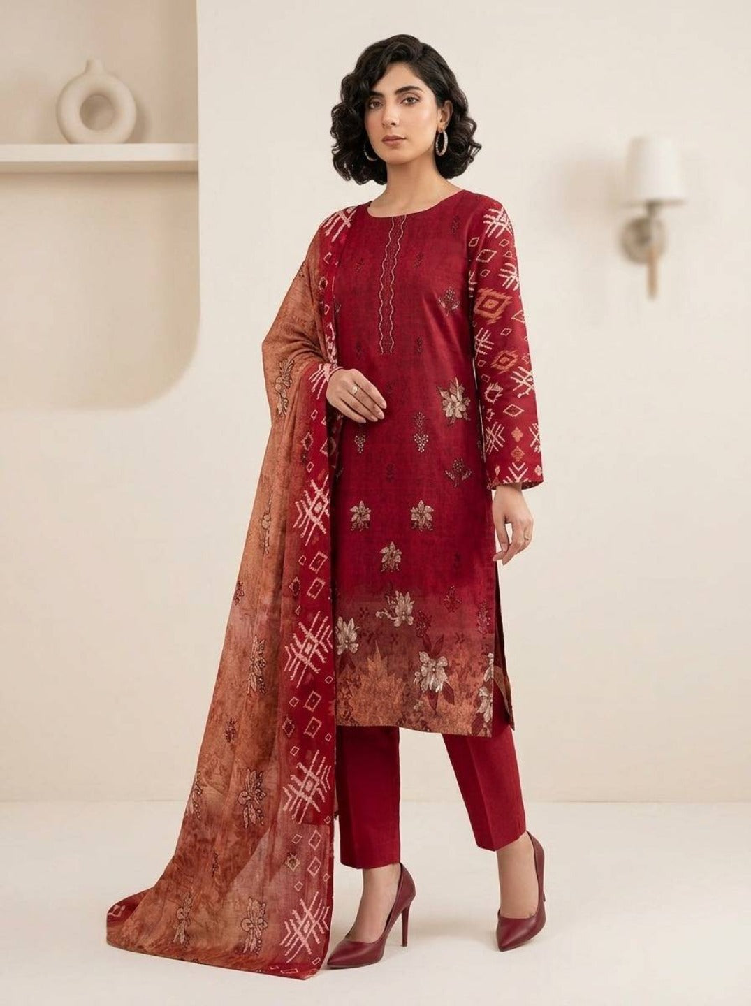 Crimson Bloom – Printed Lawn with Front Embroidery