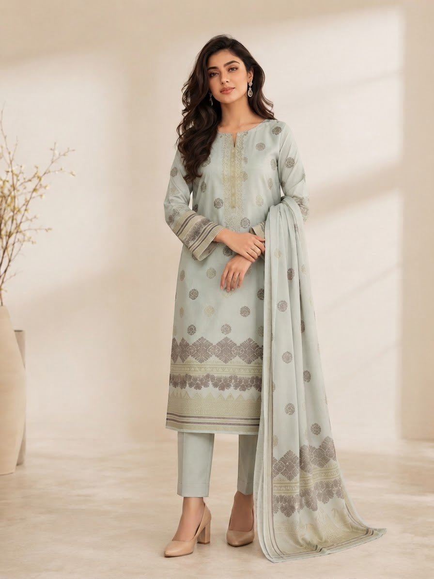 Ice Blue  Lagaria Jacquard Brochia 3PC Unstitched Suit