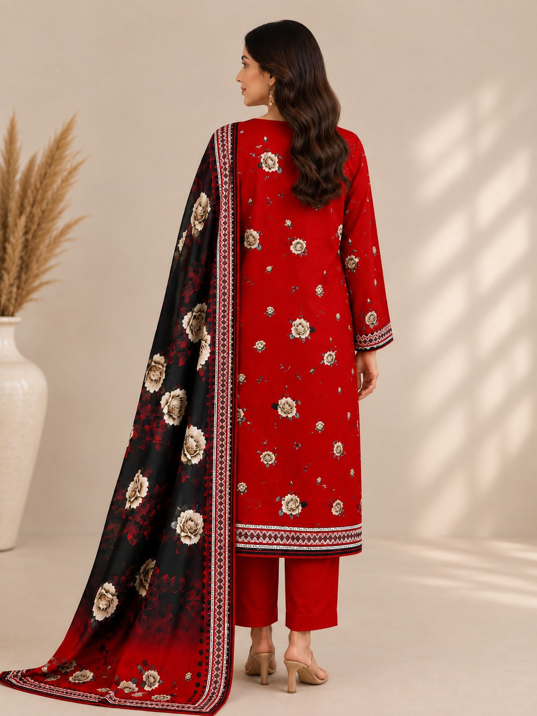 Red & Black Floral Banadora Linen 3PC Unstitched Suit