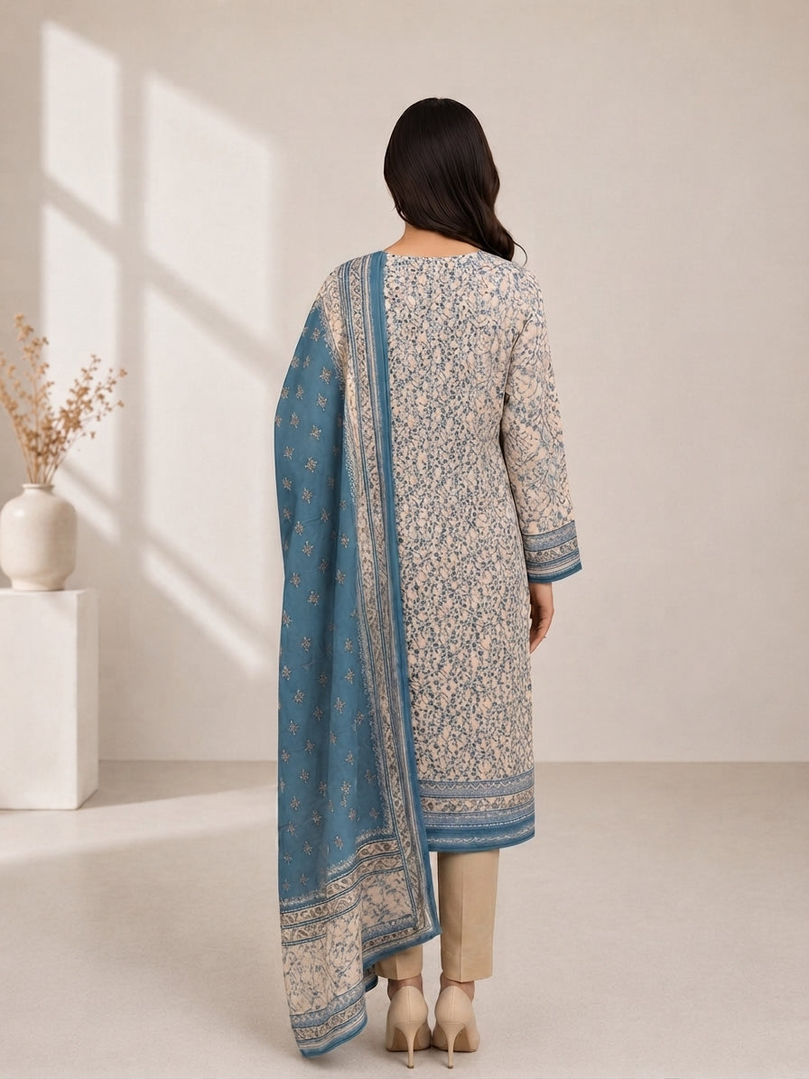 Sky Blue Floral Printed Banadora Linen 3PC Unstitched Suit
