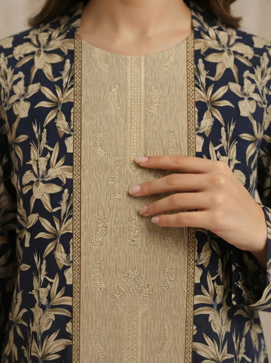 Midnight Elegance –  Premium Embroidered Lawn