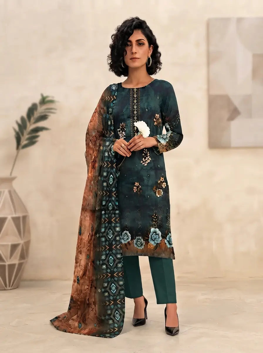 Emerald Blossom –   Printed Lawn with Front Embroidery