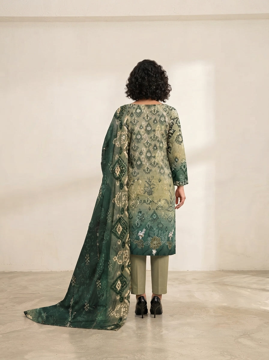 Verdant Heritage – Printed Lawn Dress with Front Embroidery