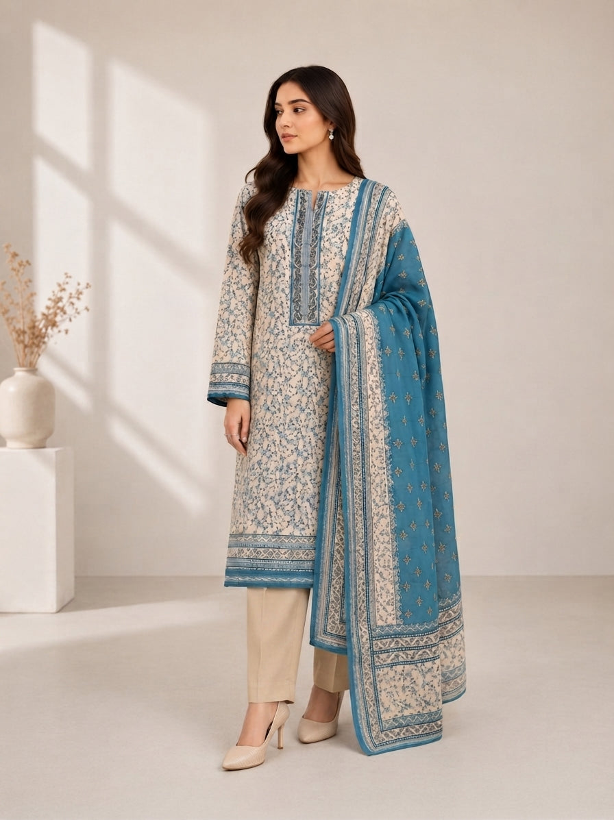 Sky Blue Floral Printed Banadora Linen 3PC Unstitched Suit