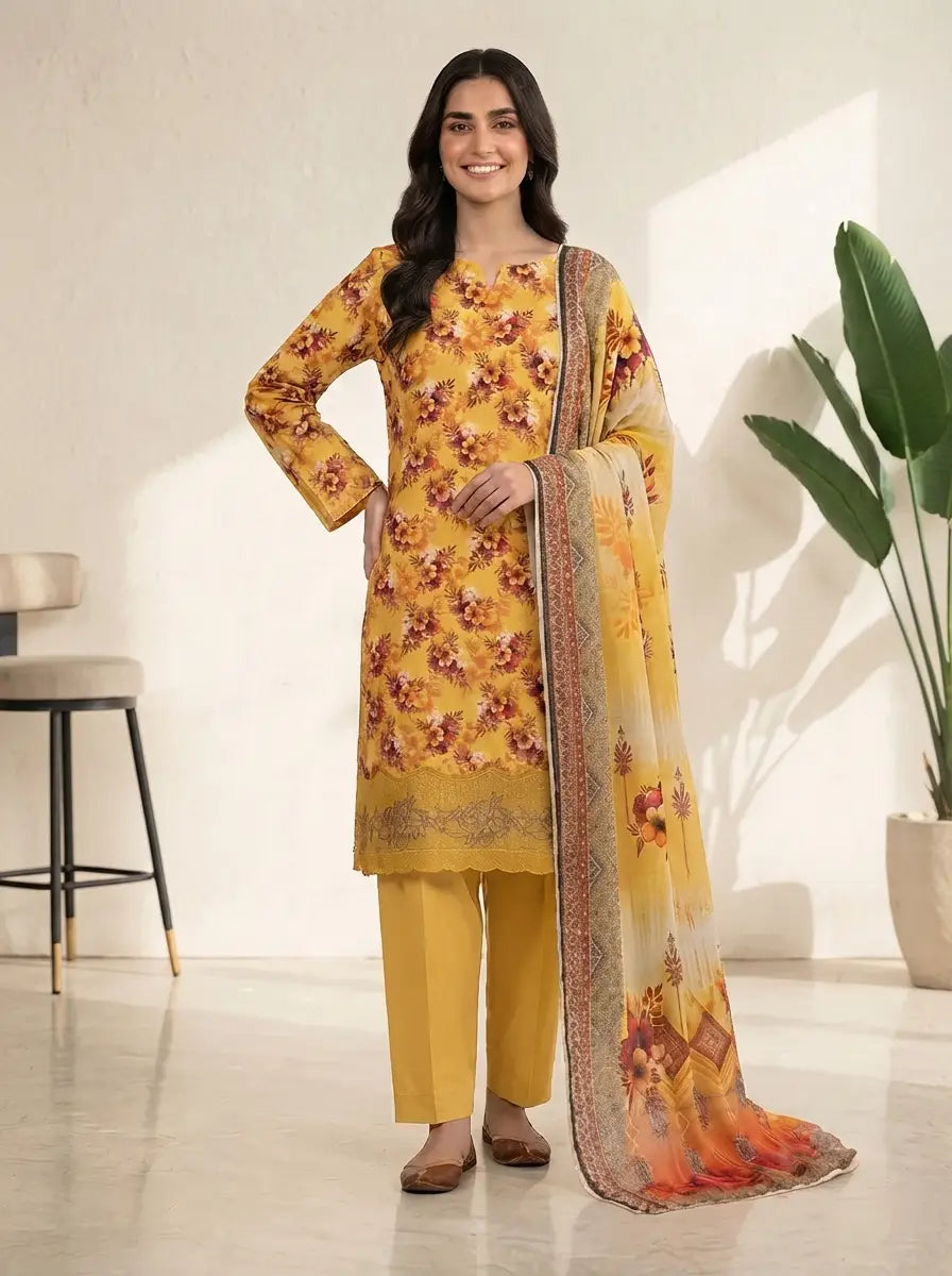 Golden Blossom – Printed Lawn with Bottom Patch
