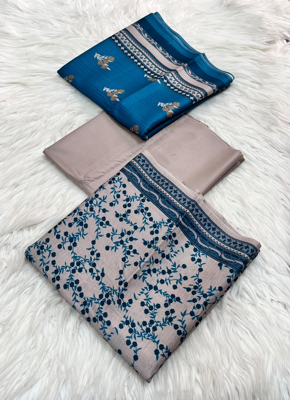 Sky Blue Floral Printed Banadora Linen 3PC Unstitched Suit