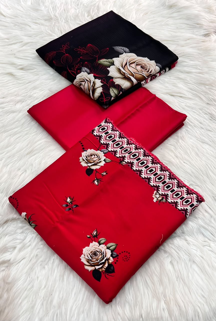 Red & Black Floral Banadora Linen 3PC Unstitched Suit