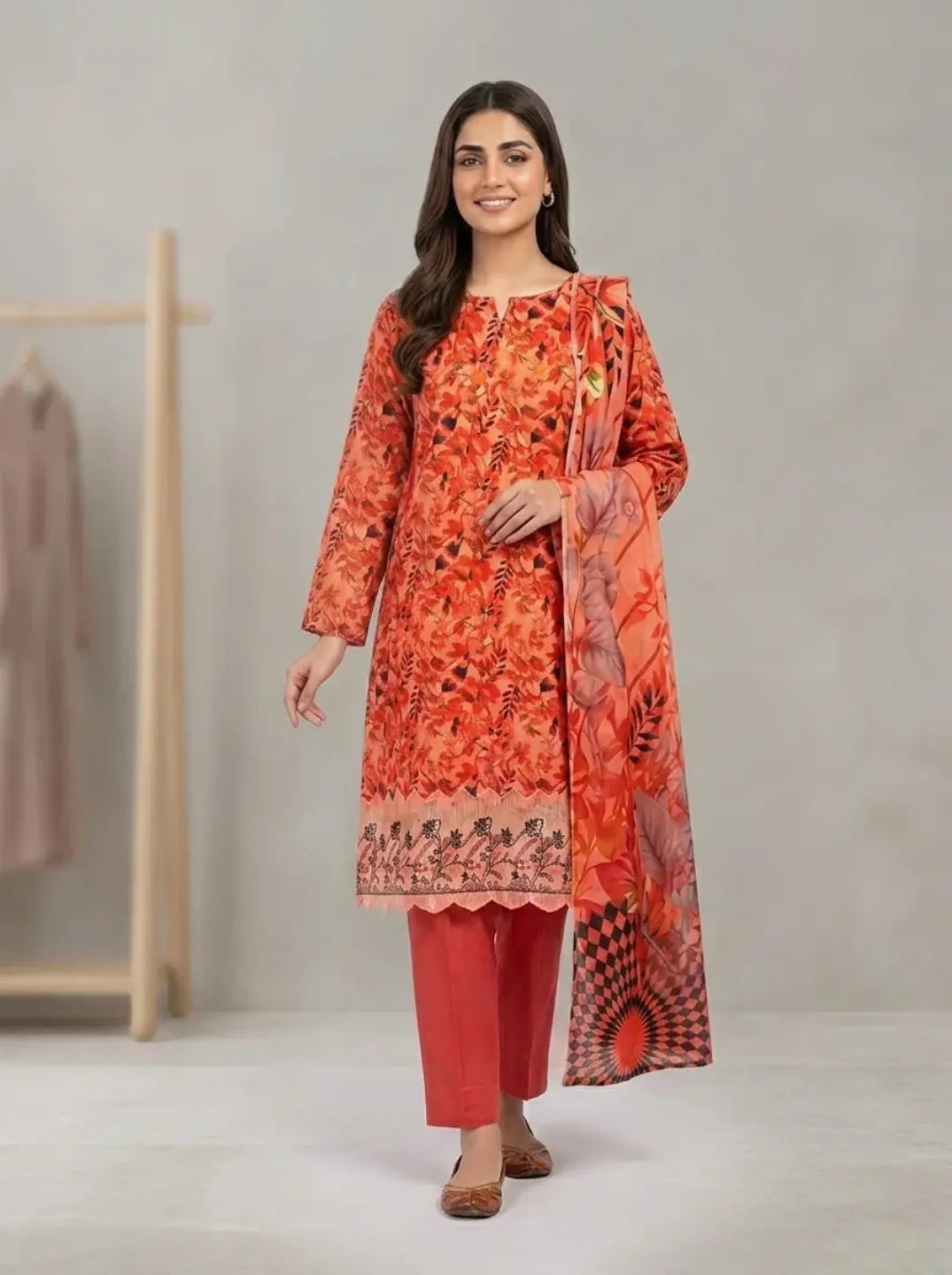 Coral Blossom – Printed Lawn with Bottom Patch