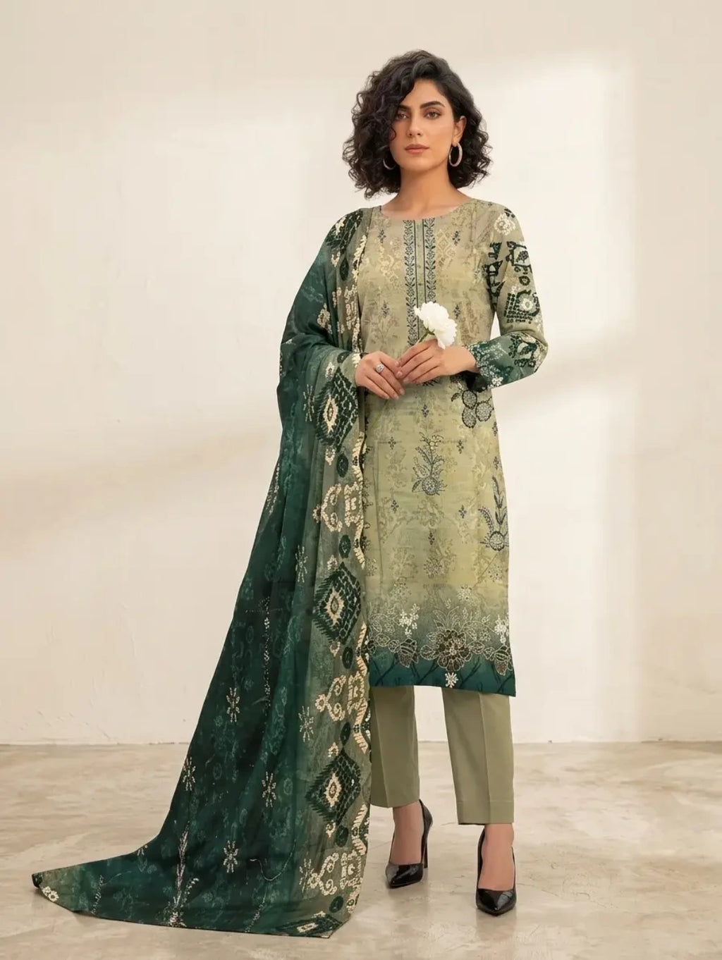 Verdant Heritage – Printed Lawn Dress with Front Embroidery