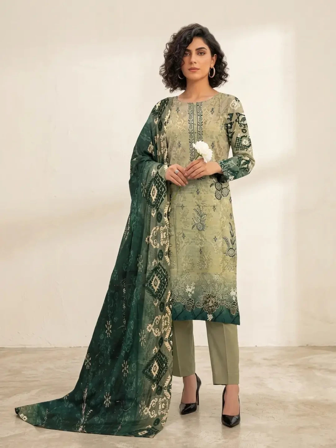Verdant Heritage – Printed Lawn Dress with Front Embroidery
