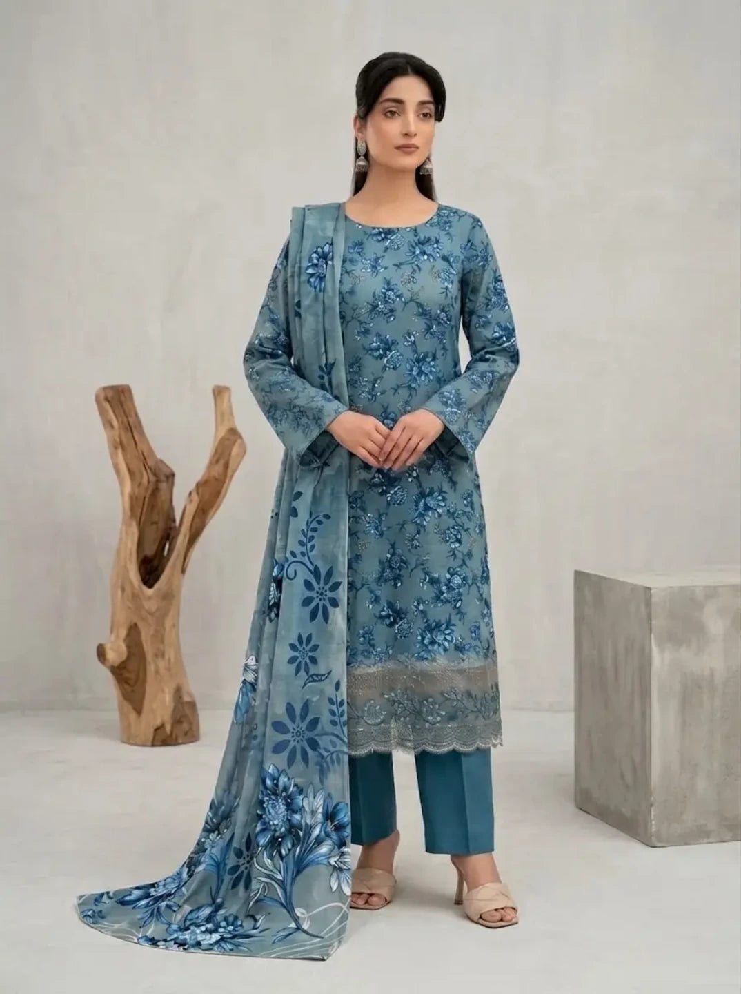 Azure Bloom – Printed Lawn with Bottom Patch