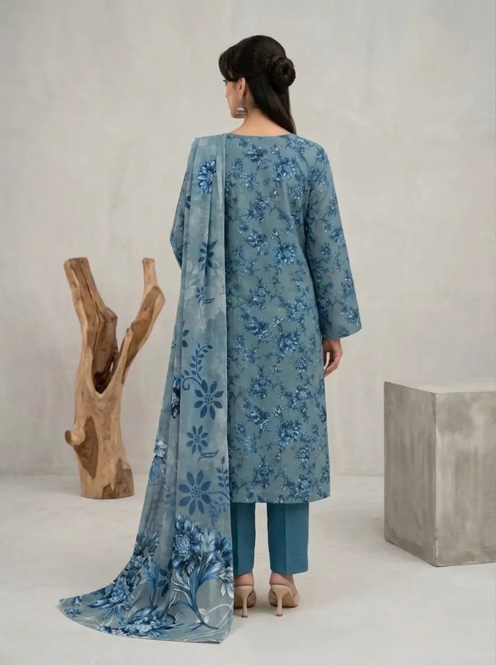 Azure Bloom – Printed Lawn with Bottom Patch