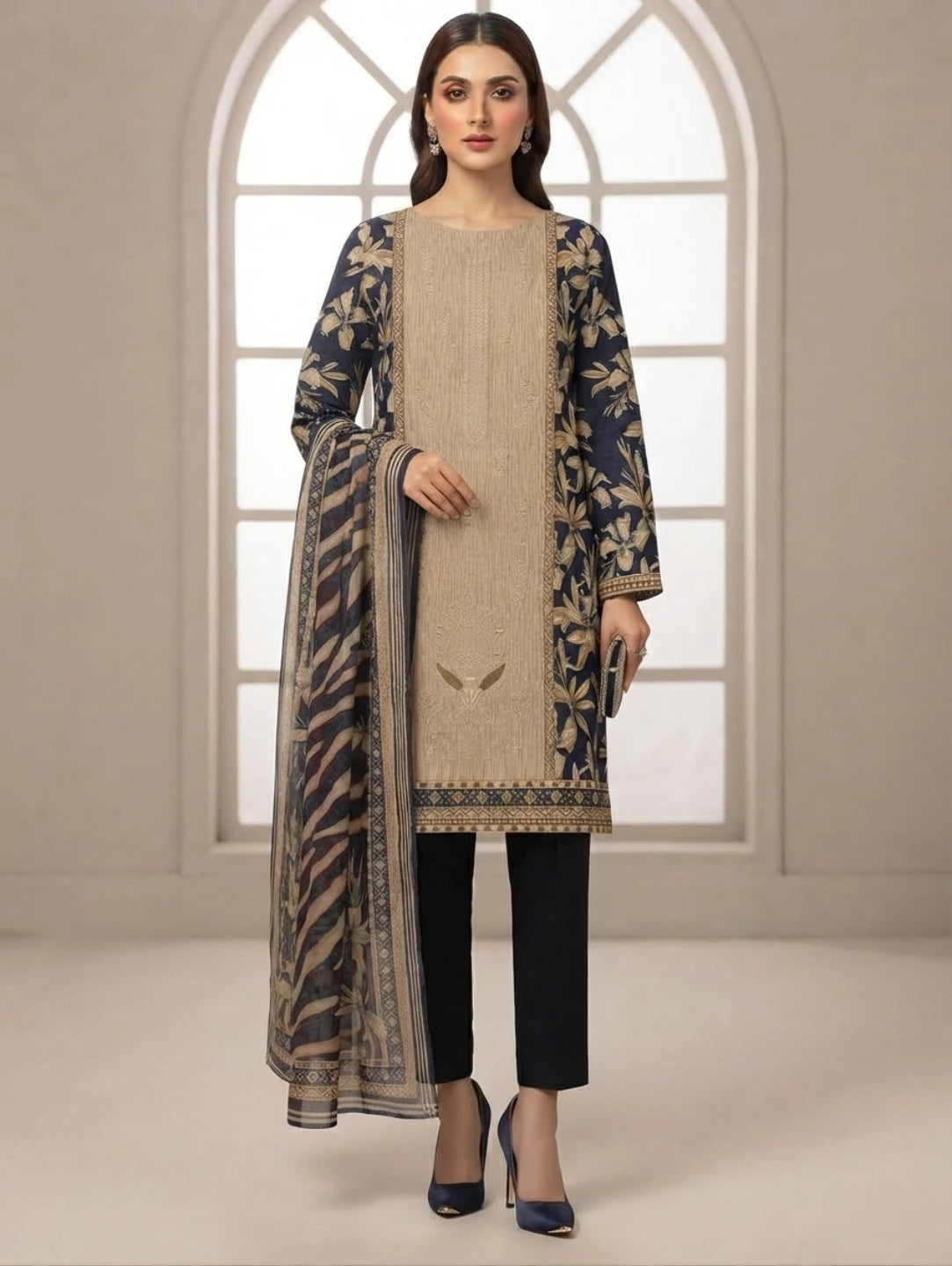 Midnight Elegance –  Premium Embroidered Lawn