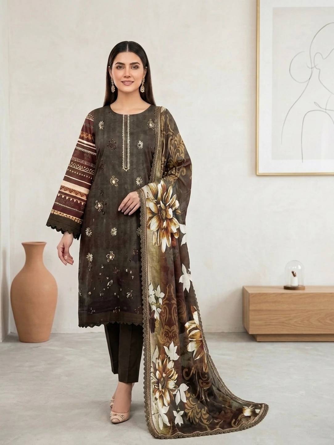 Mocha Bloom –  Banadora Embroidered Lawn