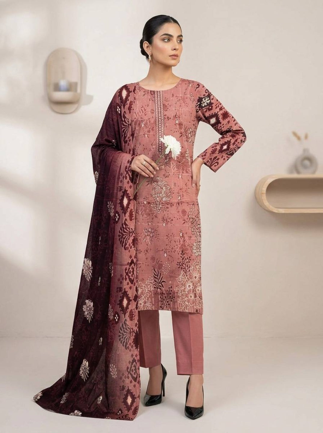 Rosewood Charm – Printed Lawn Dress with Front Embroidery