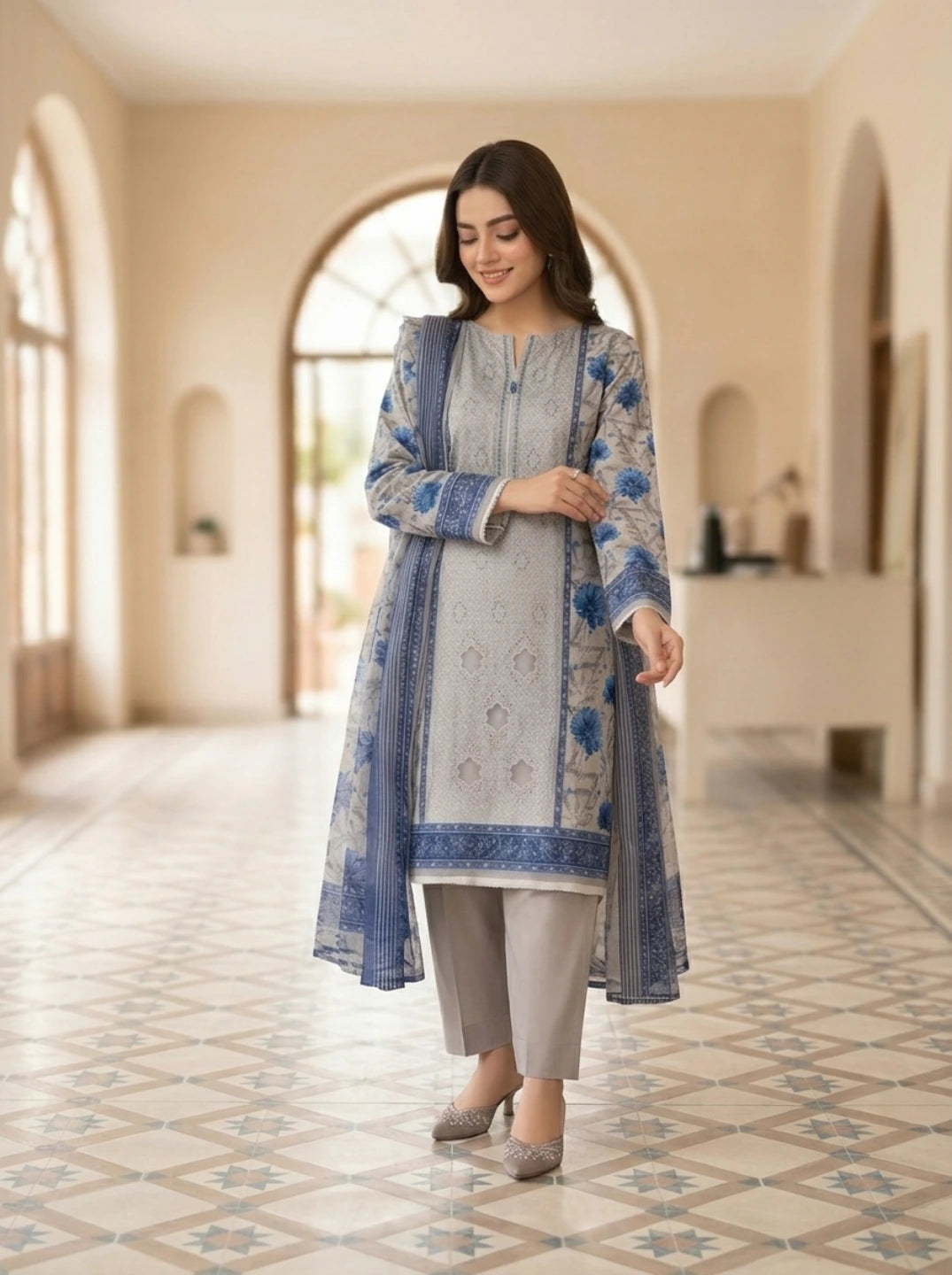 Grey Mist –  Premium Embroidered Lawn