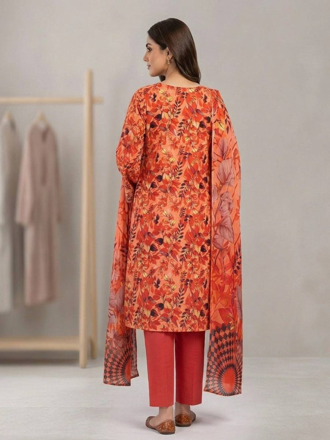 Coral Blossom – Printed Lawn with Bottom Patch