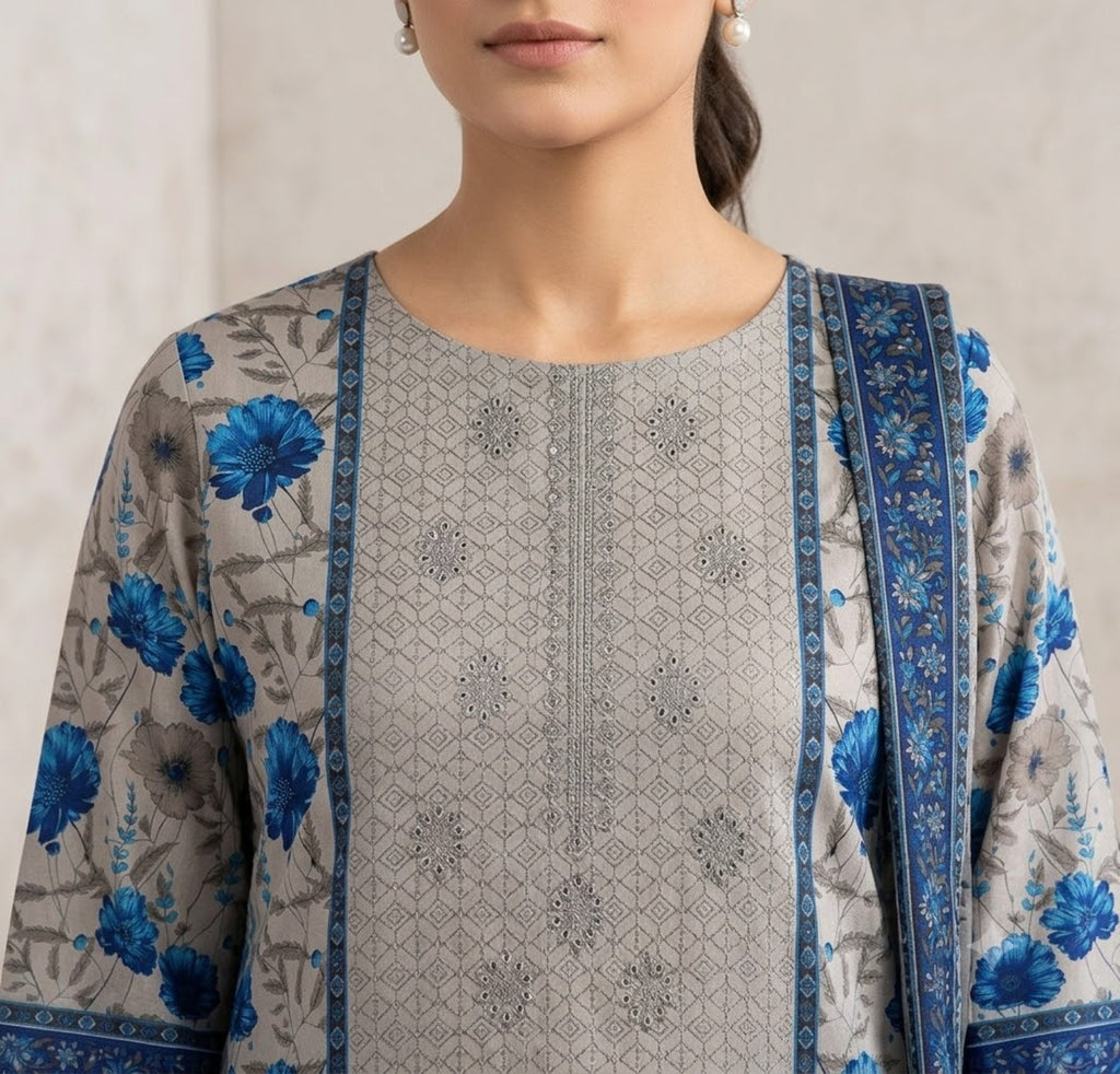 Grey Mist –  Premium Embroidered Lawn