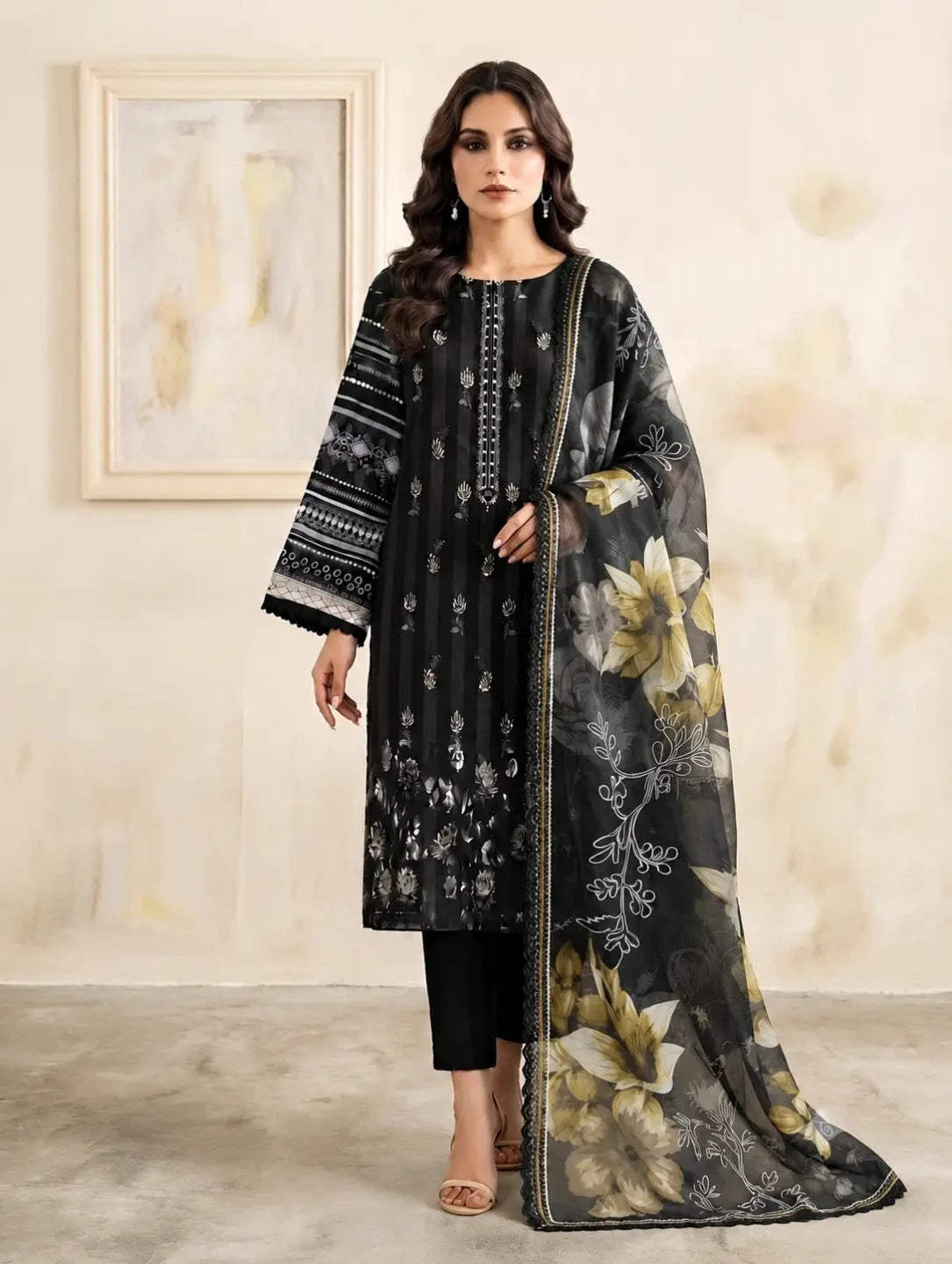Noir Bloom –  Banadora Embroidered Lawn