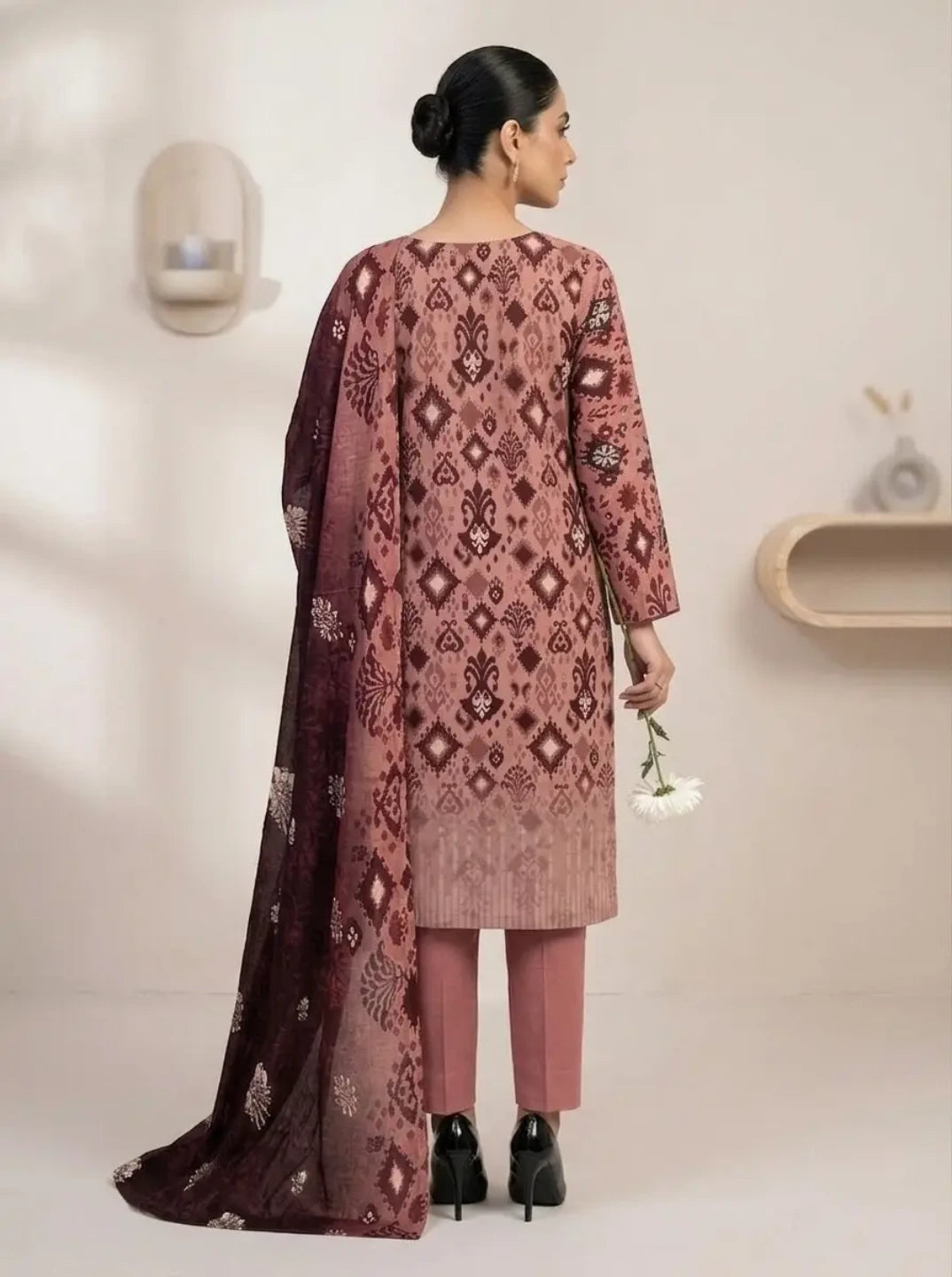 Rosewood Charm – Printed Lawn Dress with Front Embroidery